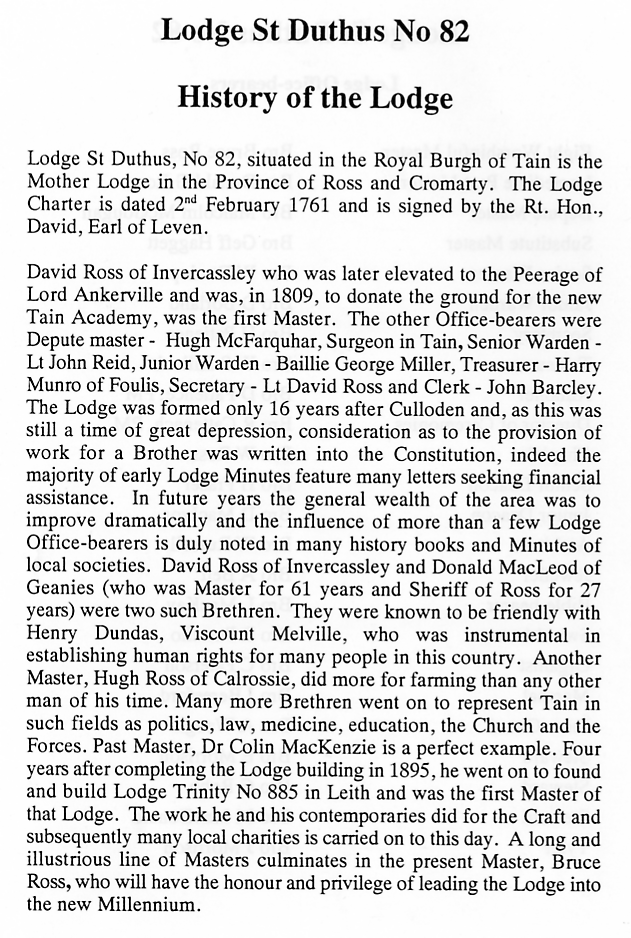 The History of Lodge St Duthus No. 82